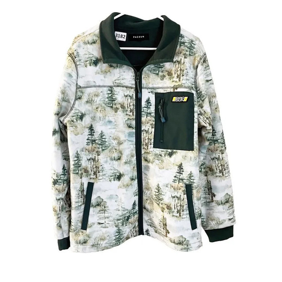 Pacsun Mens Green White Full Zip Jacket Medium Scenic Polar Fleece Forest Trees - Picture 1 of 13
